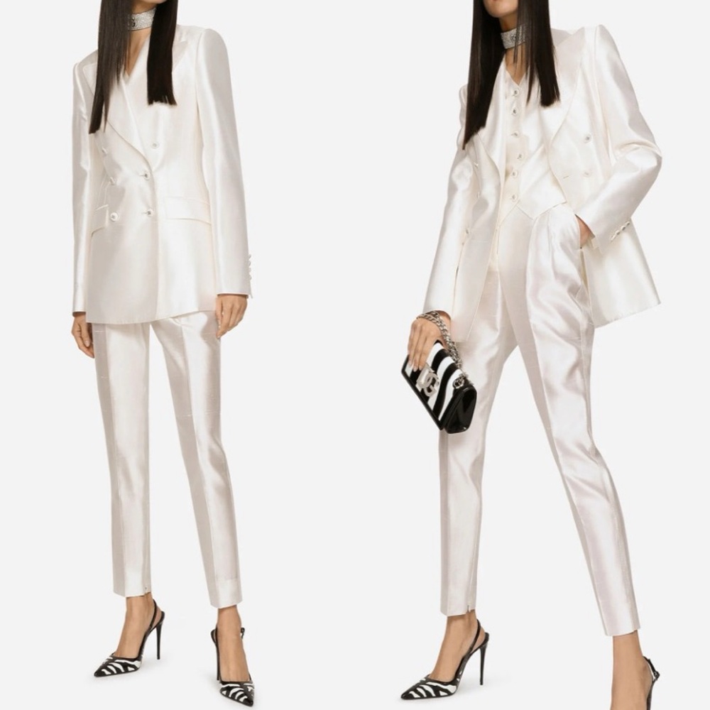 DOLCE & GABBANA Set😍Cream Silk Stripe Pantsuit Double Breasted Blazer & Pants